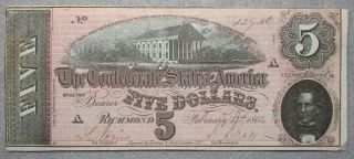 Civil War Relic Confederate $5.  00 Note, .  Unbent & Unwrinkled.