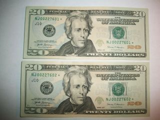 2 Consecutively Numbered $20 Dollar Federal Reserve Star Notes - Lqqk