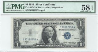 $1 1935 Plain Silver Certificate - Fr.  1607 - Pmg 58 Epq - Na Block - Ch.  Abt Unc