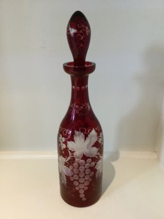 Vintage Bohemian Ruby Red Cut - To - Clear Grapes Glass Wine Decanter With Stopper