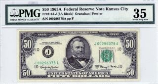 $50 1963a Federal Reserve Note Kansas City Fr 2113 - J (ja Block) Pmg 35