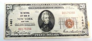 1929 $20 National City Bank York Ny National Currency Paper Money Note