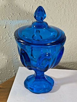 Dark Turquoise Or Peacock Blue Glass Footed Lidded Candy Or Trinket Dish Compote