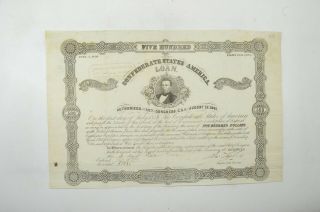 Authentic - 1862 Confederate States - Civil War $500 Bond Certificate 038