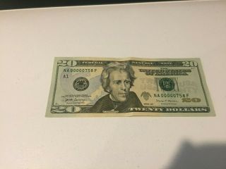 2017 Twenty Dollar FRB Banknote $20 Ultra Low Fancy Serial Number NA00000758F 2