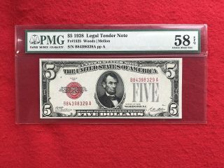 Fr - 1525 1928 Plain Series $5 Red Seal Us Legal Tender Note Pmg 58epq Choice Au