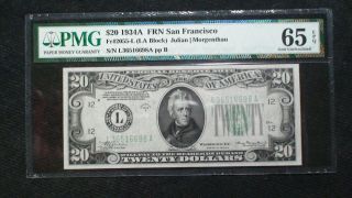 1934 A Twenty Dollar Pmg Gem 65 Epq Federal Reserve Note San Francisco $20 Bill