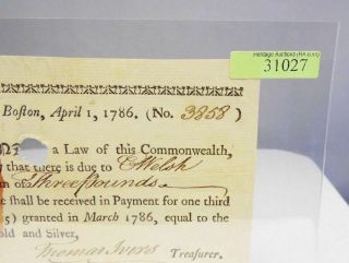 1786 Early American Boston Massachusetts Treasurer ' s Office 1/3 Tax Certificate 3