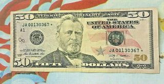 U S Federal Reserve Note 50 Dollar Bill With Low Number J A 00130367 Star