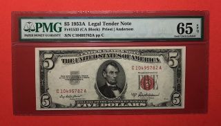 1953A - $5 LEGAL TENDER RED SEAL NOTE,  GRADED BY PMG,  GEM UNC 65 EPQ. 2