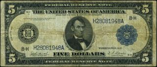 FR.  874 $5 1914 Federal Reserve Note St.  Louis Fine,  - Pinholes 2