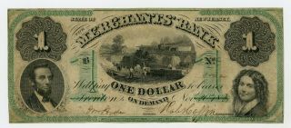 1861 $1 The Merchants Bank - Trenton,  Jersey Note Civil War Era