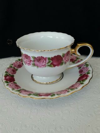 Lovely Roses Cup And Saucer Made In China Porcelain Gold Marked With Rose On B