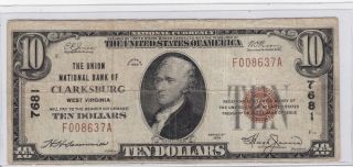 Kappyscoins 11884 1929 $10 The Union National Bank Of Clarksburg Wv West Virgina