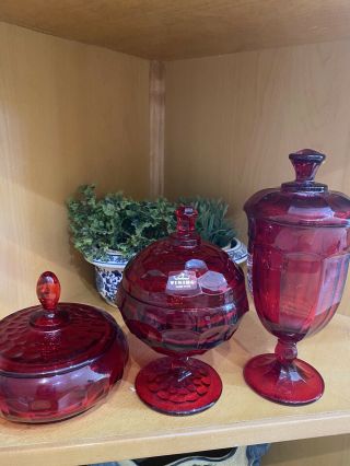 Set Of 3 Viking Glass 6900 Georgian Ruby Red 1/candy Dish W/lid 1940 - 1998