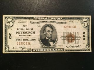 USA 5 Dollars National 1929 - - PITTSBURGH,  Pa.  - - Charter 252 2