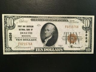 USA 10 Dollars National 1929 - - DULUTH,  Mn.  - - Charter 3626 - - 2