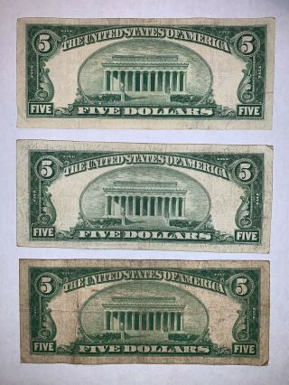 (3) 1928 $5 RED Seal Legal Tender UNITED STATES NOTE F - VF 2