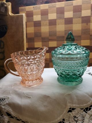 Vintage Pink And Green Heavy Cut Glass Creamer Sugar Bowl With Lid,  Gorgeous