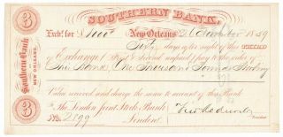 1859 Southern Bank Of Orleans,  Louisiana Third Of Exchange,  London,  Crisp