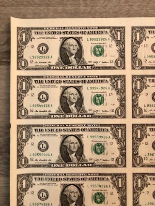 UNCUT SHEET THIRTY TWO 2009 Federal Reserve Notes 32 $1 Bills & Tube 2
