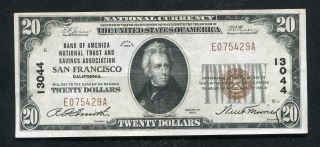 1929 $20 Bank Of America San Francisco,  Ca National Currency Ch.  13044 Vf/xf