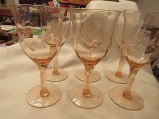 Set Of 6 Vintage Pink Floral Etched Depression Glass Wine Goblets