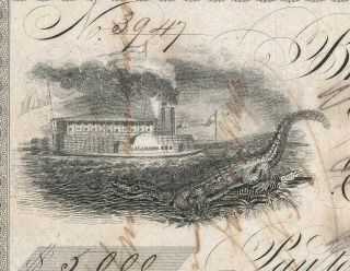 $5000 1837 Bank of Alabama,  Mobile draft,  Alligator,  Steamship,  vignettes 2