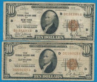 $10.  1929 York,  $10.  1929 Cleveland Brown Seal Federal Reserve Bank Notes