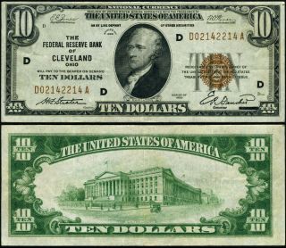 Fr.  1860 D $10 1929 Federal Reserve Bank Note Cleveland D - A Block Xf D02142214a