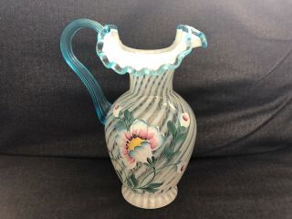 Fenton Glass French Opalescent Blue Crest Hand Painted Pitcher 90th Anniversary
