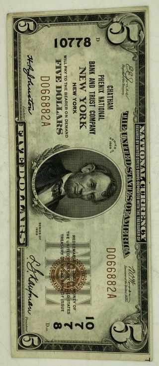 1929 Chatham Phenix National Bank & Trust York $5 Note 10778