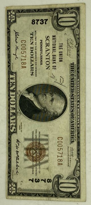$10 1929 The Union National Bank Of Scranton Pa 8737 Currency