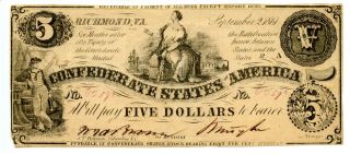 1861 $5 Confederate Currency T - 36