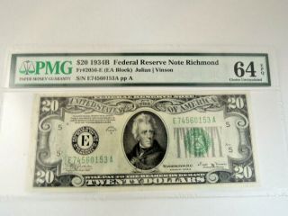 Pmg 64 Choice Uncirculated Epq $20 1934a Federal Reserve Note Richmond