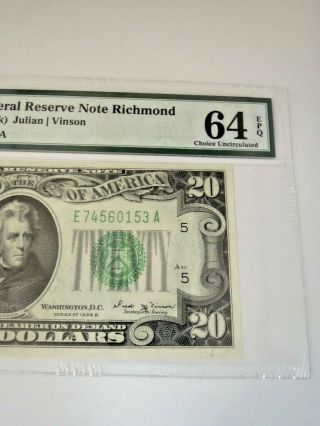 PMG 64 Choice Uncirculated EPQ $20 1934A Federal Reserve Note Richmond 2