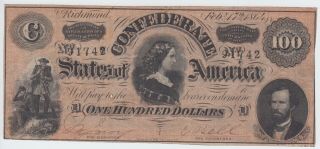T65 Csa Confederate Currency 1864 $100 Dollars