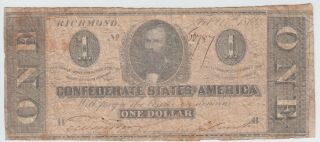 T71 Csa Confederate Currency 1864 $1 Dollars