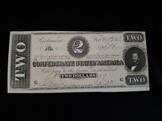 Scarce 1864 $2 Confederate States Of America Note No Folds 6