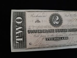 SCARCE 1864 $2 Confederate states of America Note No Folds 6 2