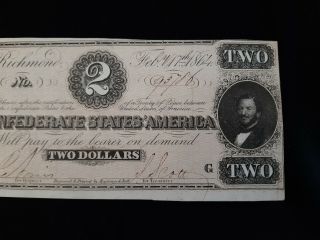 SCARCE 1864 $2 Confederate states of America Note No Folds 6 3