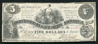 T - 36 1861 $5 Five Dollars Csa Confederate States Of America Currency Note Vf,