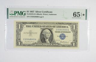 $1 1957 Silver Certificate Pmg 65 Epq Star Gem,  Fr 1619 (ca Block) 153