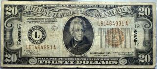 1934 A Series Us $20 Twenty Dollar War Time Issue Currency Hawaii Note Hh552
