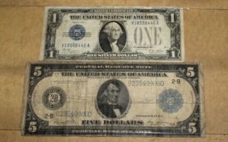 1914 $5 Large Us Fed Res Bank Note With A Blue Seal,  And A $1 Silver Certificate