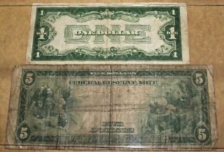 1914 $5 Large US Fed Res Bank Note with a Blue Seal,  and a $1 Silver Certificate 2