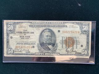 1929 $50 Brown Seal York Old Us National Currency