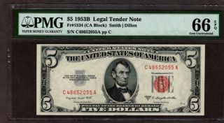 1953 B $5 Legal Tender Note,  Pmg 66 Epq,