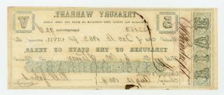 1864 Cr.  14B $5 TEXAS Treasury Warrant - CIVIL WAR Era AU/UNC 2