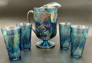 Set Of Indiana Glass Blue Carnival Harvest Grape Pitcher With Four (4) Tumblers